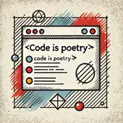 Ein stilisiertes Grafikicon, das einen Monitor darstellt, auf dem der Spruch „Code is poetry“ in einer Code-Ansicht abgebildet ist. Der Bildschirm ist mit grafischen Elementen wie geometrischen Formen und abstrakten Linien umrahmt, die Kreativität und technische Ästhetik symbolisieren. Dieses Bild unterstreicht die Verschmelzung von technischem Know-how und künstlerischem Ausdruck